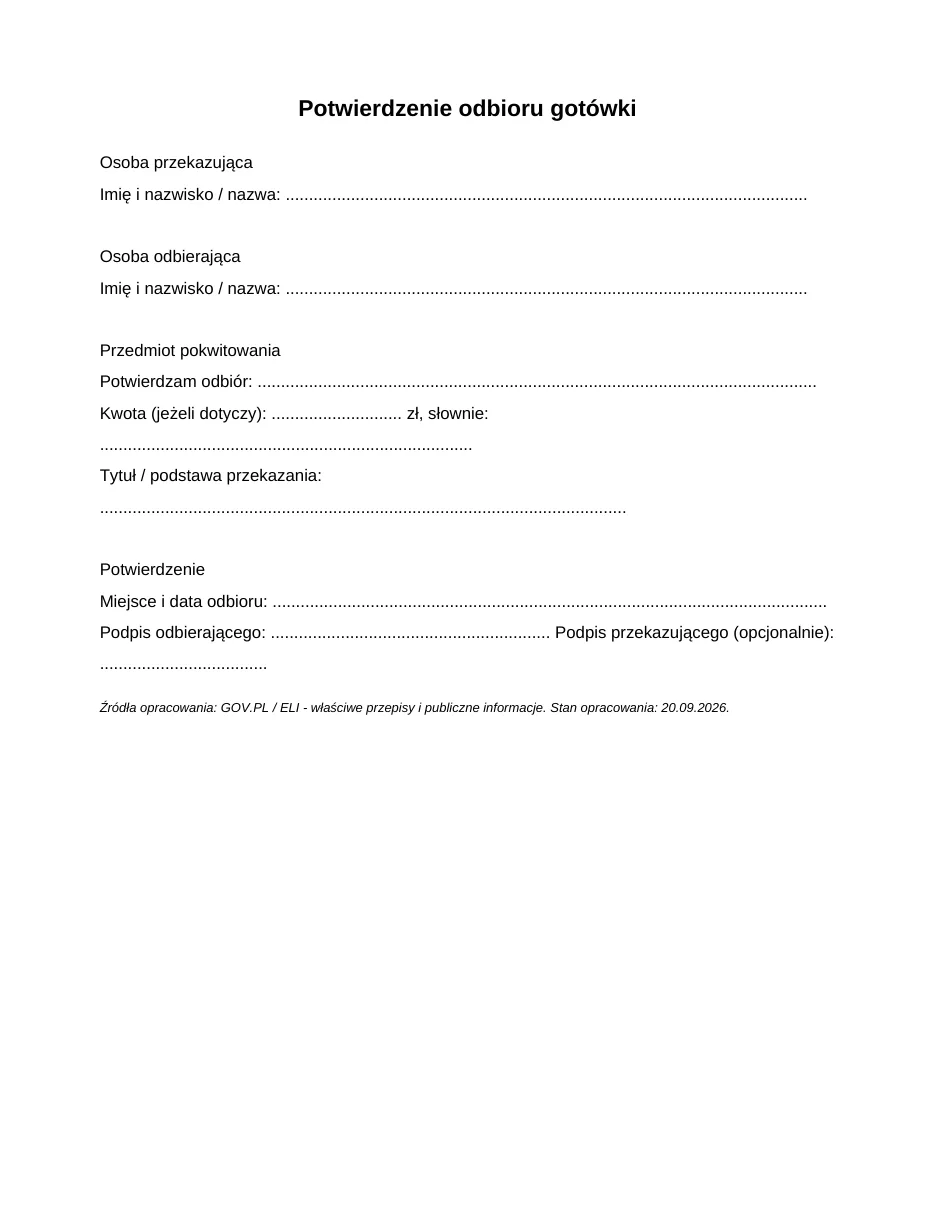 Potwierdzenie odbioru gotówki