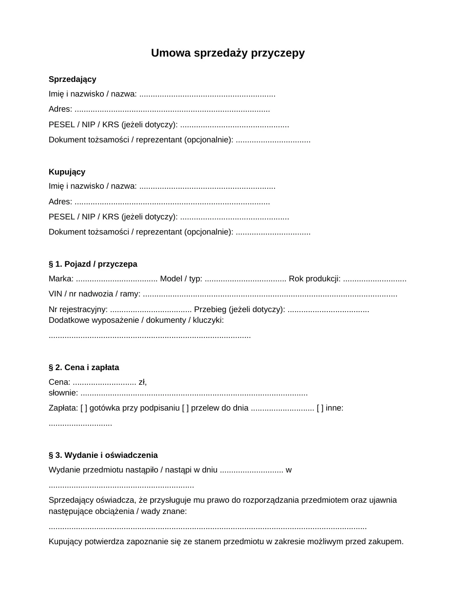 Umowa sprzedaży przyczepy