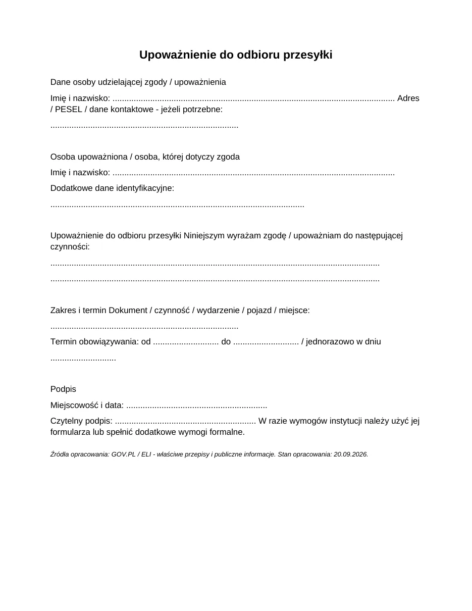 Upoważnienie do odbioru przesyłki