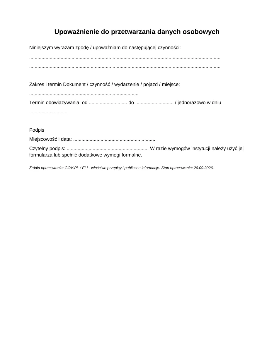 Upoważnienie do przetwarzania danych osobowych