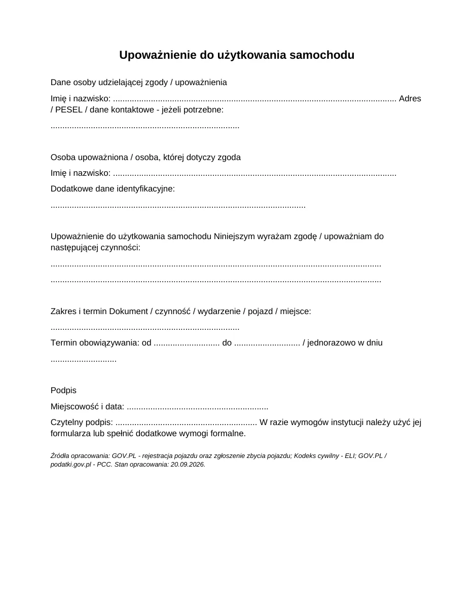 Upoważnienie do użytkowania samochodu