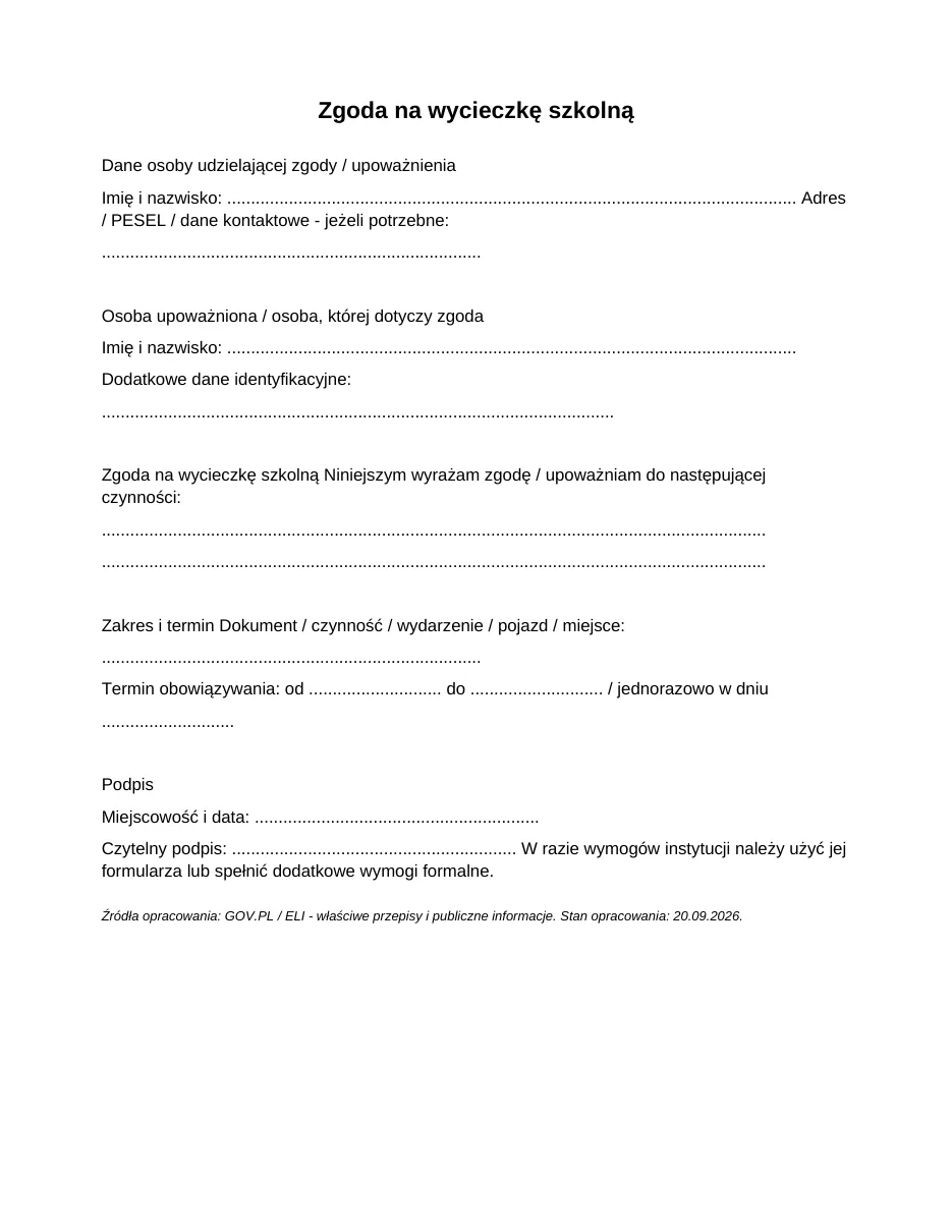 Zgoda na wycieczkę szkolną